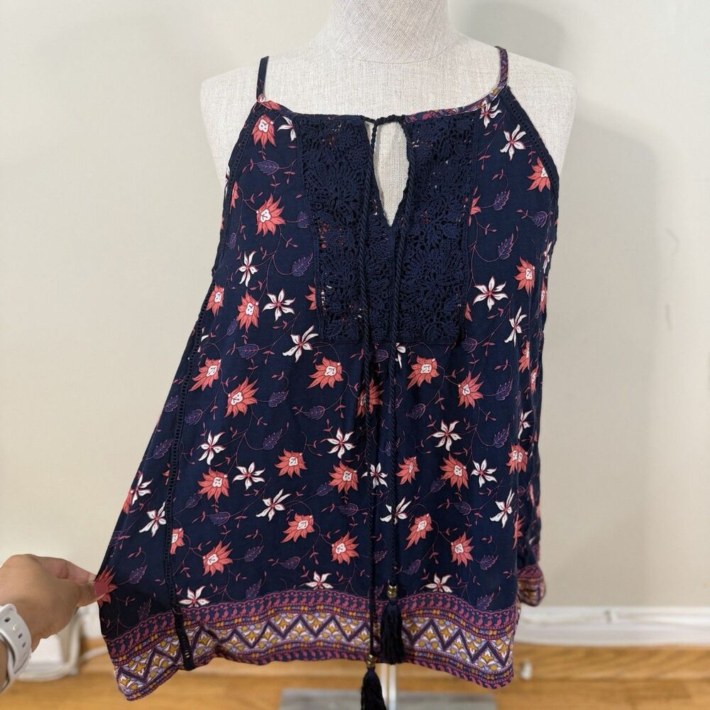 Solitaire Blue Floral Print Tank Top L EUC Boho Hippie Popover Flowy Blouse